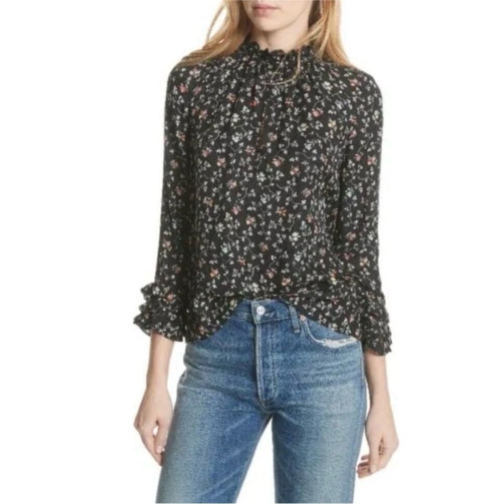 Rebecca Taylor Floral Silk Blend Smocked Neck Blouse Size 4
